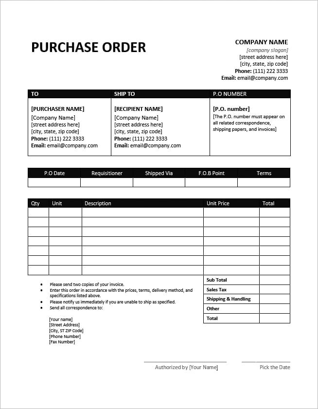 captainbiz purchase order sample