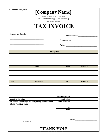 Invoice Tax Format in Word