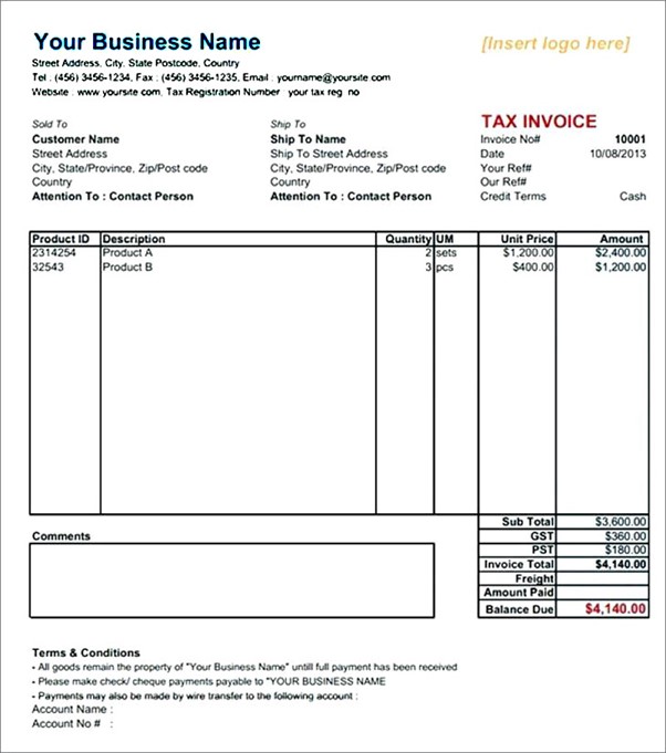 Tax Invoice Format in Excel